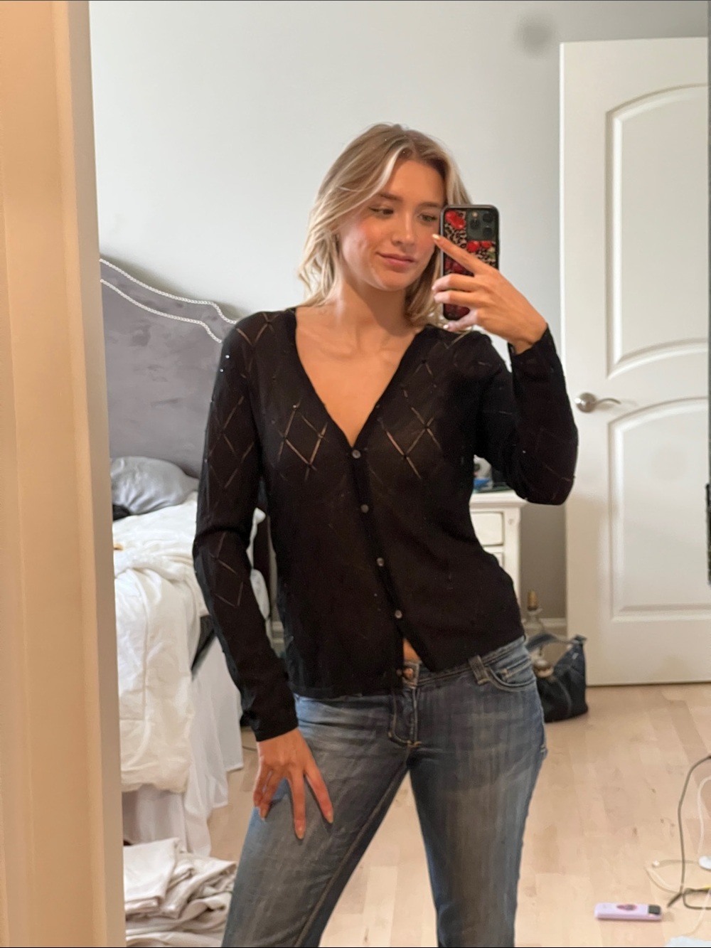 Black Beaded V-Neck Button Cardigan Sweater
